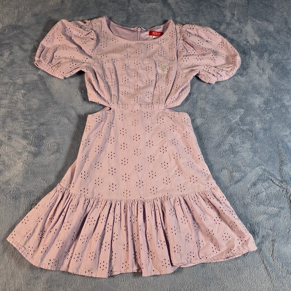 Guess Girls Size 7 Lavender Eyelet Cutout Puff Sleeve Ruffle Dress